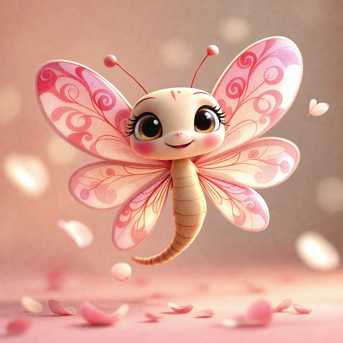 The primary subject of the image is a pink and white butterfly figurine. The setting is a pink background, and the visual style is a digital art or illustration. The colors and mood of the image are predominantly pink and white, creating a cheerful and whimsical atmosphere.